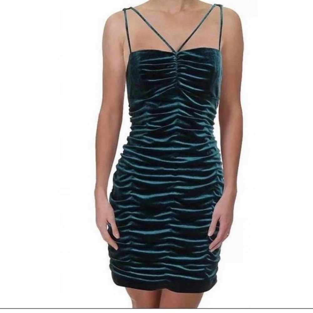Aidan Mattox Emerald Green Velvet‎ Ruched Bodycon Dress XS S